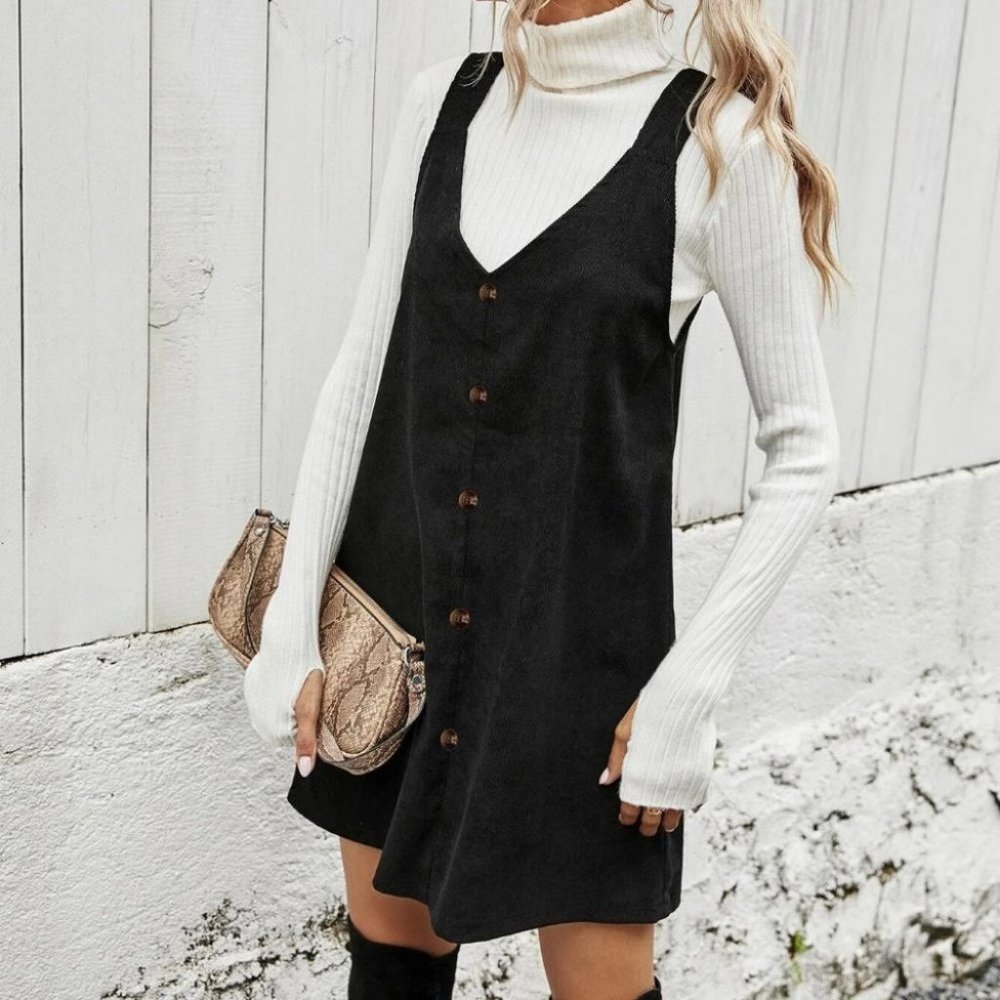 black corduroy solid button front overall dress fall winter chic casual trending - Picture 3 of 6
